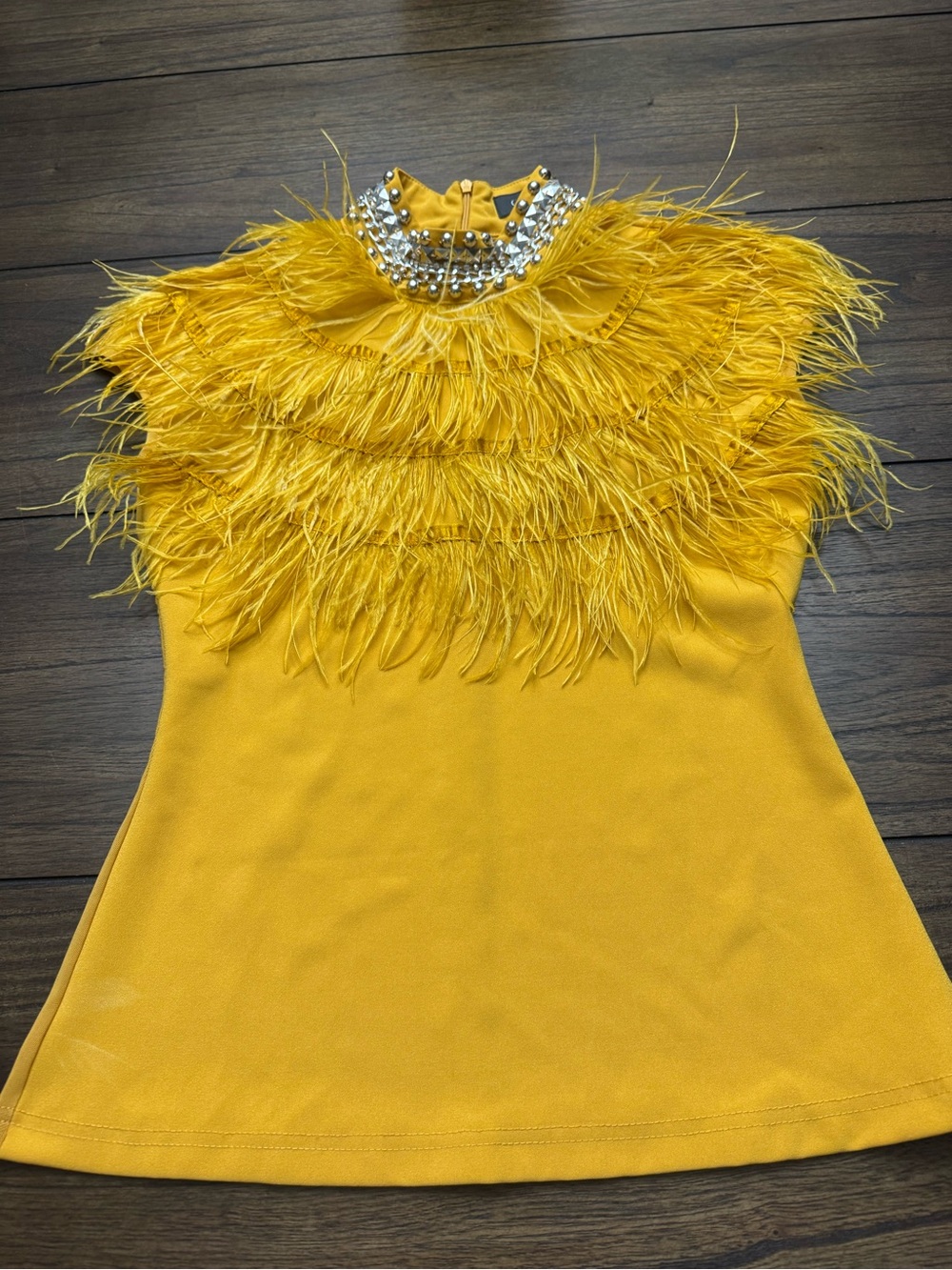 Garcia Yellow Feather Trim top with Embellished Neckline